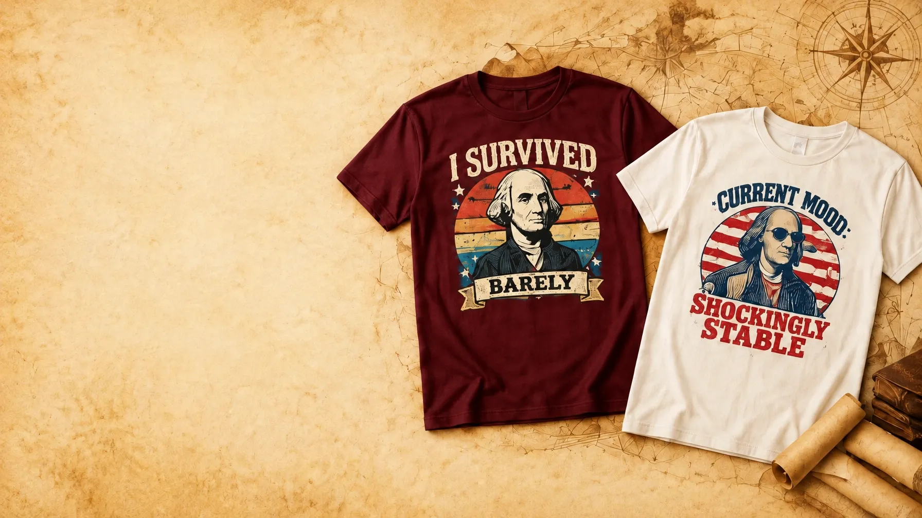 Two witty history graphic tees arranged on a warm parchment desk