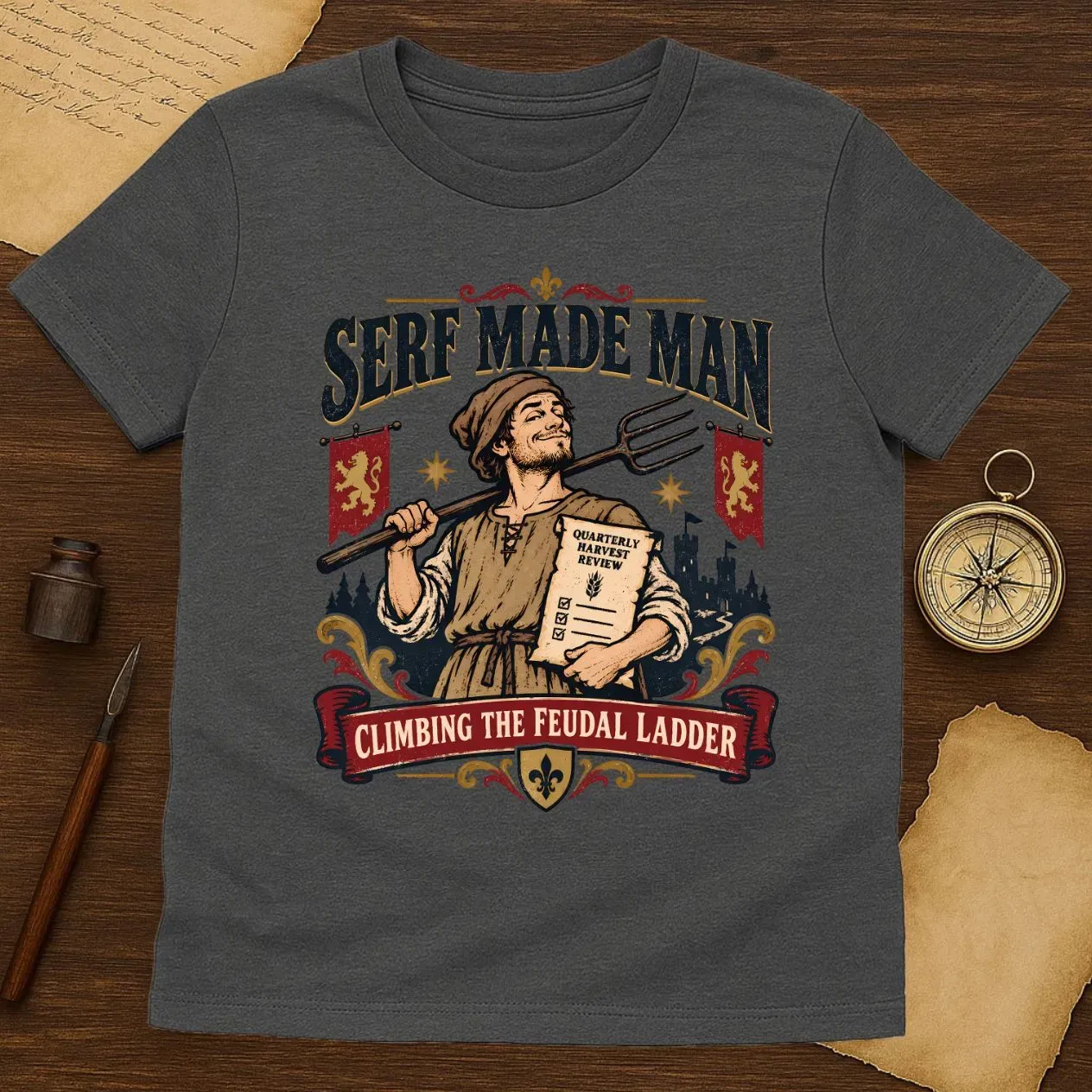 Medieval serf graphic tee on parchment and wood